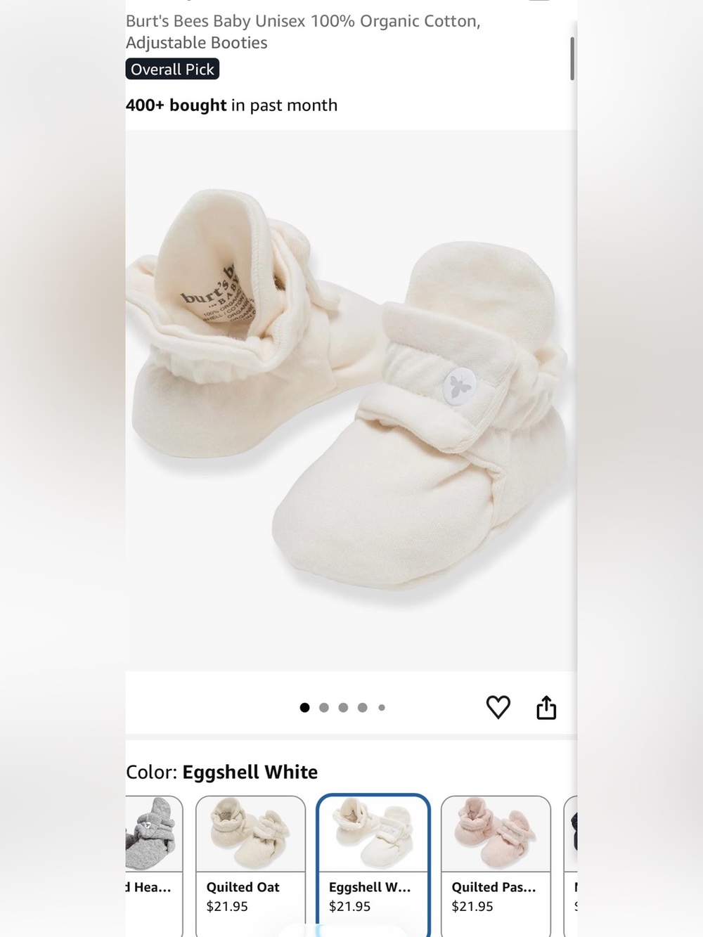 New Burt's Bees Baby Eggshell Soft Cotton Booties 0-3 Months